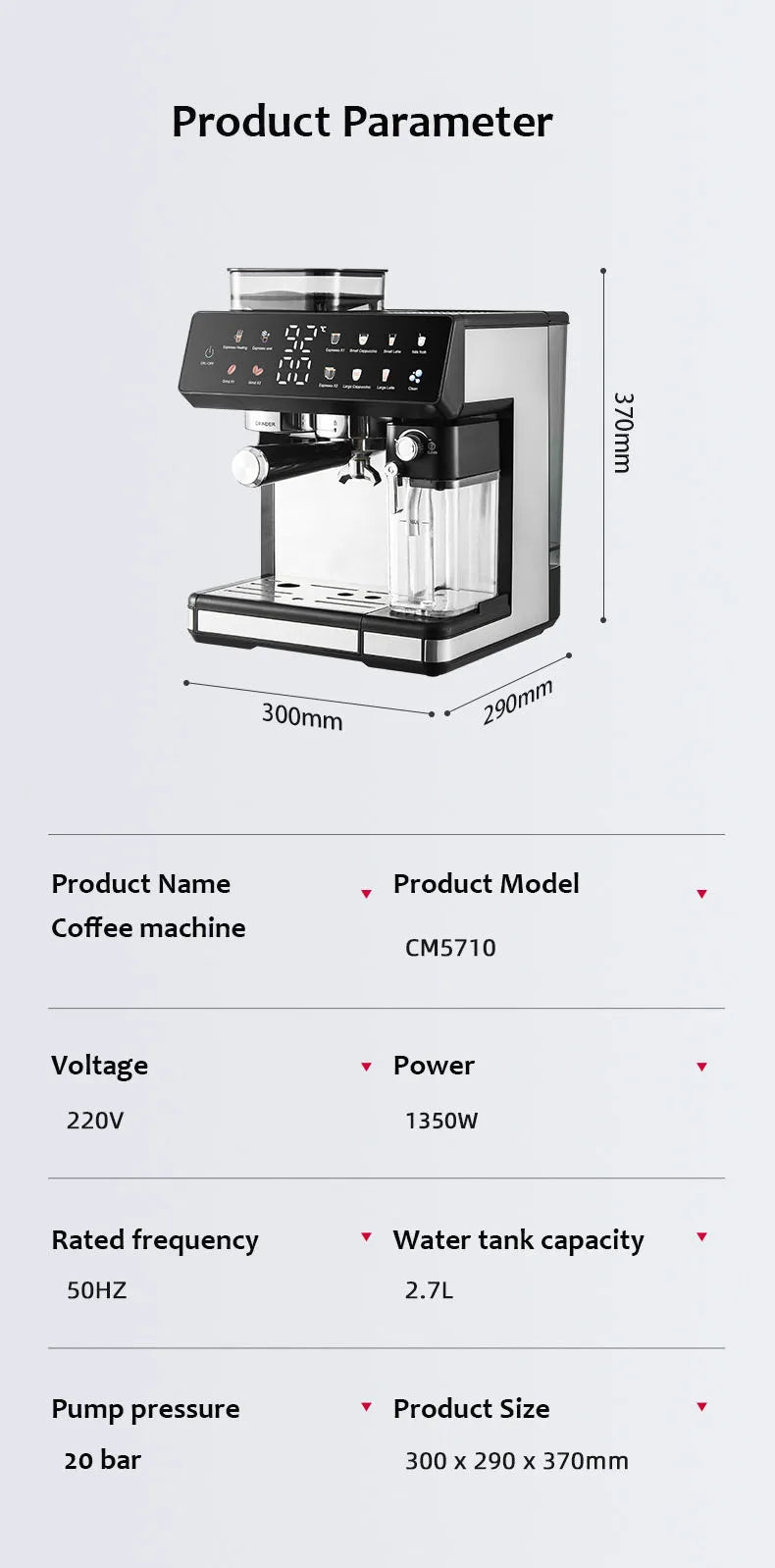 CM5710 espresso coffee machine with 2.7L tank, 20 bar pump, and digital display in black and stainless steel.