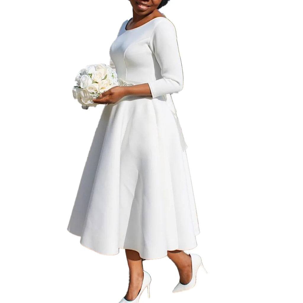 Elegant Pure Color Maxi Dress Evening Gown A- Line Skirt Polyester Fabric round Neck Short Sleeve High Waist Midi Dress