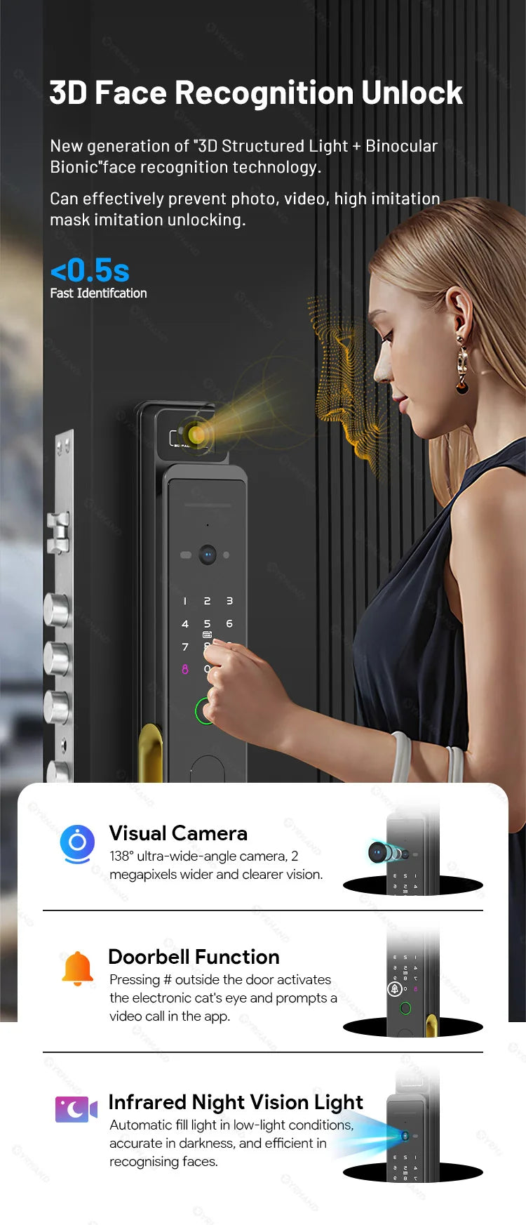 3D Face Recognition Smart Fingerprint Door Lock With  Camera Remote APP Real time intercom For Smart Home