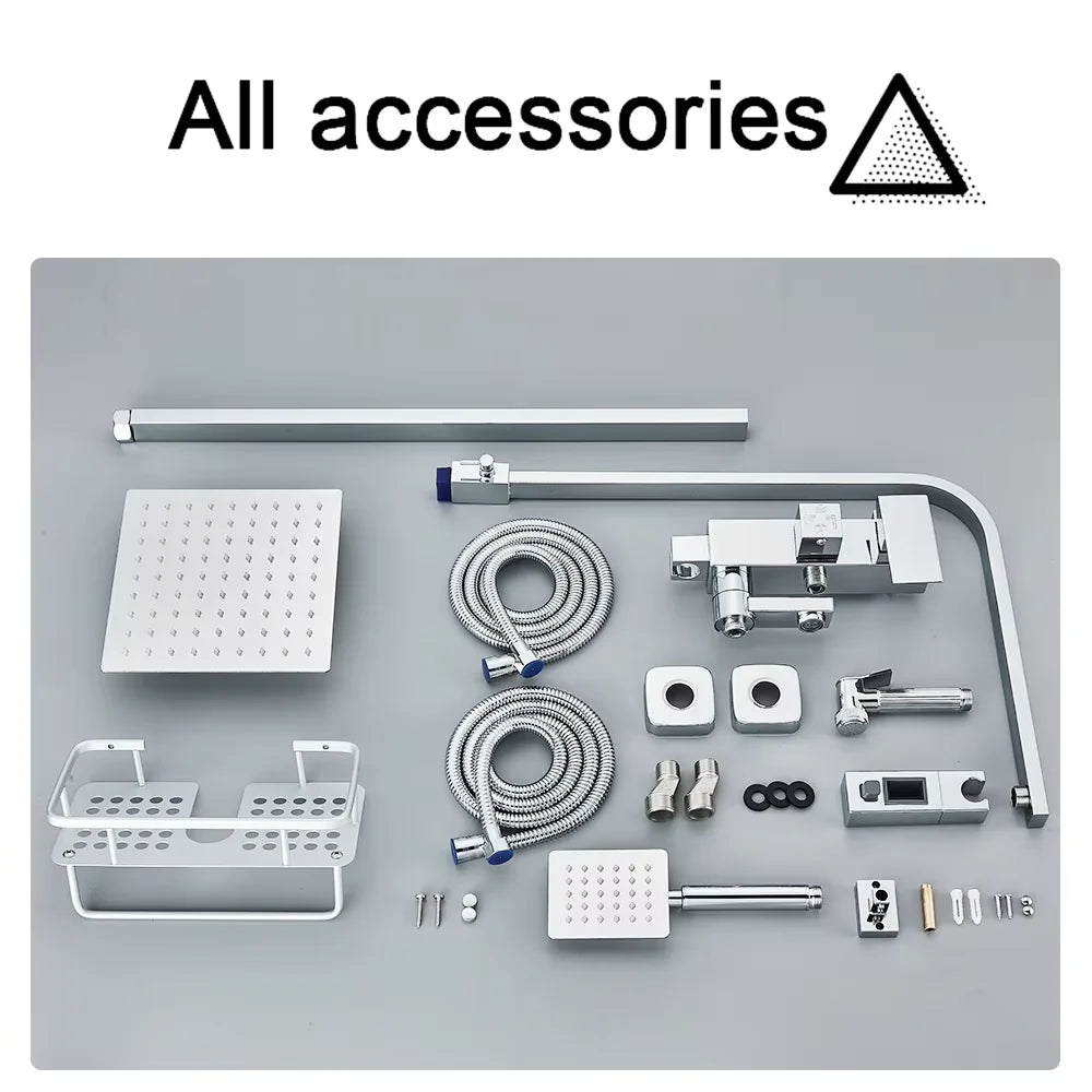 Rainfall Bathroom Shower Faucet Kit With Bidet Wall Mounted Stainless Steel Hot Cold Water Mixer Tap System With Rack,Tub Spout
