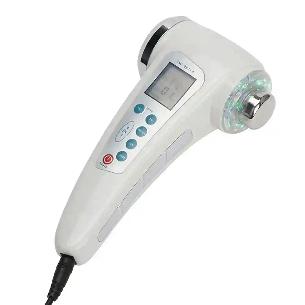 White, ergonomic ultrasonic facial and body massager with a digital display, control buttons, and glowing LED head.