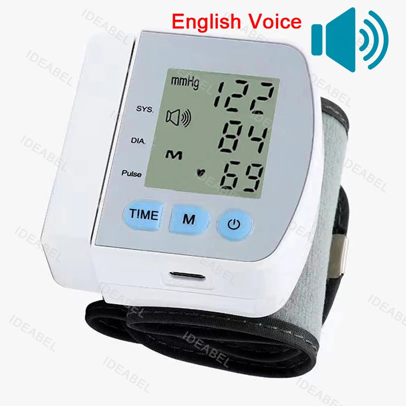 Smart LCD Screen English Voice Broadcast Wrist Blood Pressure Monitor Digital Automatic BP Tonometer Heart Rate Sphygmomanometer