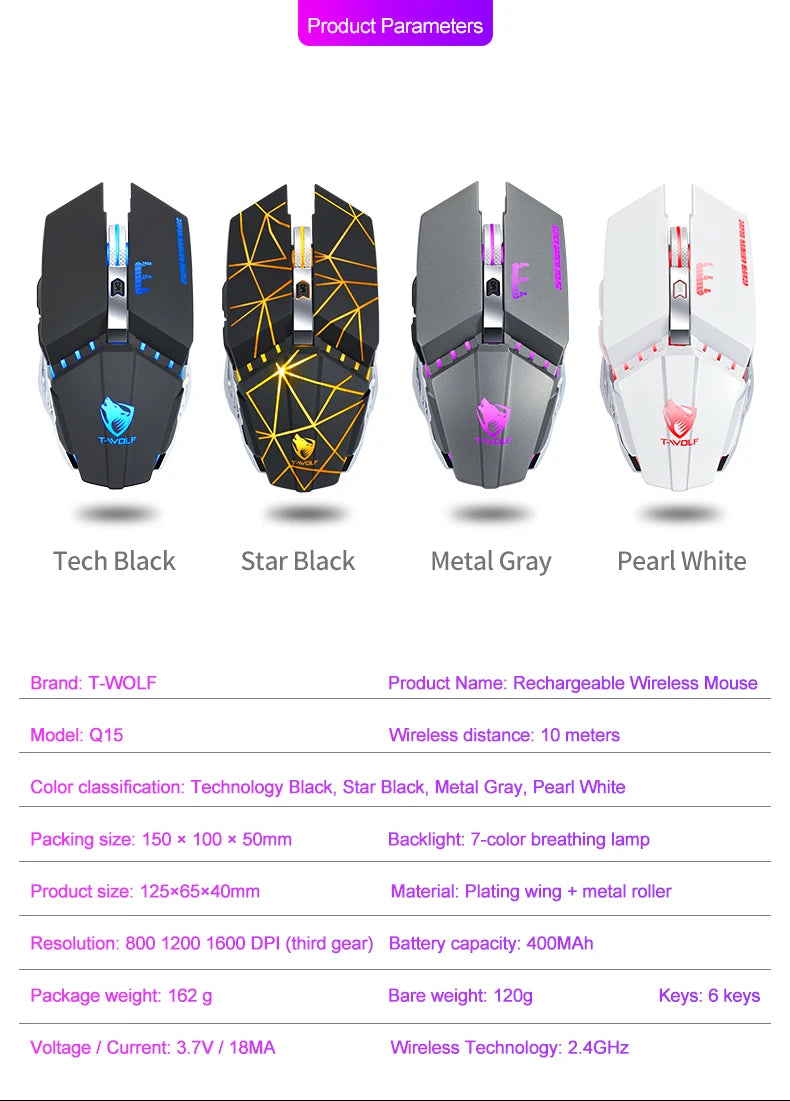 T-WOLF Thunderwolf Q15 Rechargeable Wireless Mouse RGB Glow Game Office Silent Laptop 2.4g Rechargeable Wireless Mouse