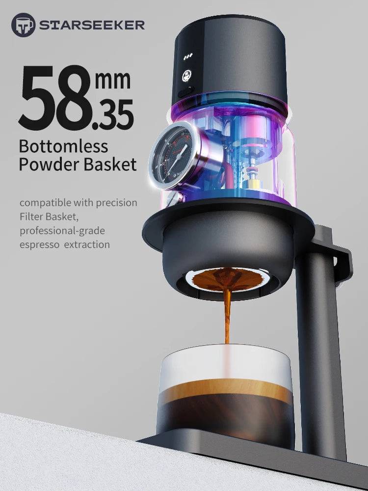 Starseeker 58mm black metal bottomless espresso portafilter and coffee maker with built-in pressure gauge.