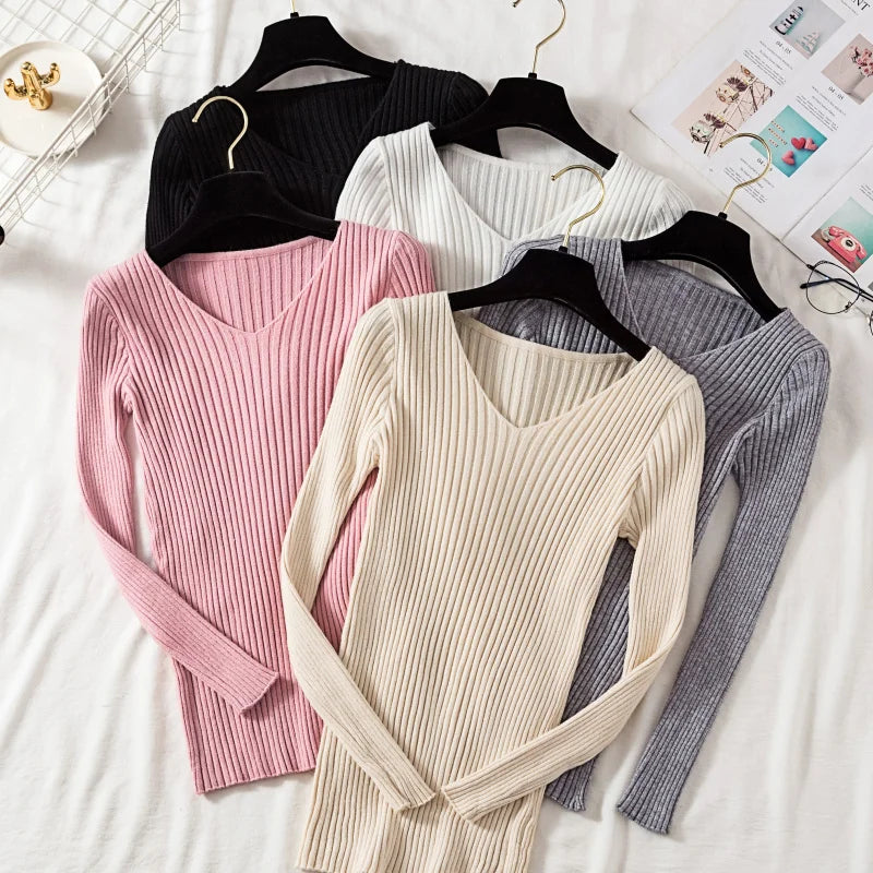2026 Casual Long Sleeve Knitted V Neck Pullover Autumn Winter Women Sweaters Femme Basic Solid Jersey Tops Fashion Clothes