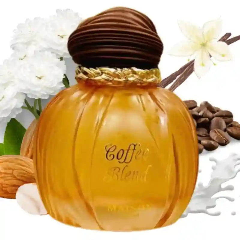 Maison Coffee Blend EDP: 100ml unisex perfume, amber glass ribbed bottle, vanilla, coffee, almond, milk & caramel scent.