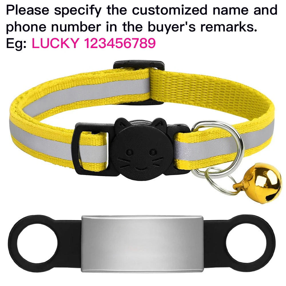 Reflective yellow cat collar with bell and custom engraved ID nameplate for anti-lost safety for kittens and puppies.