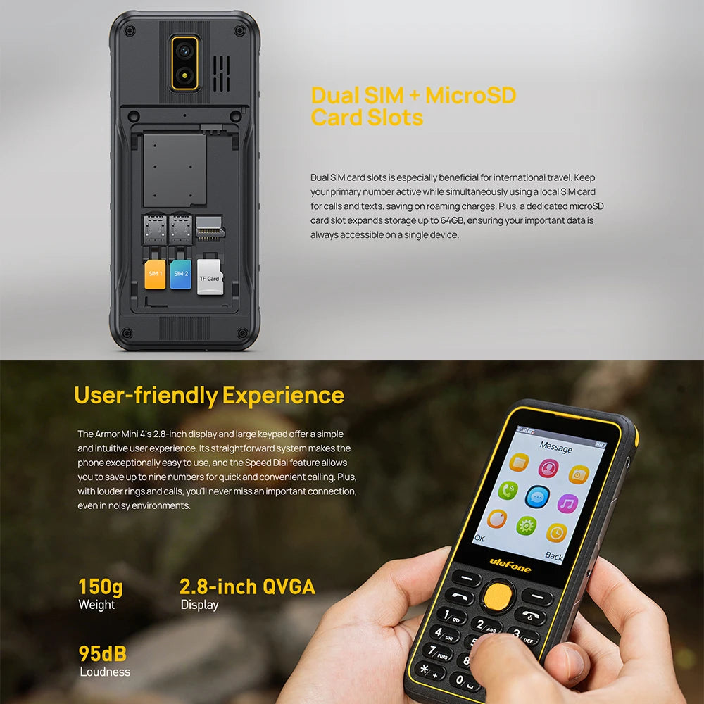 Ulefone Armor Mini 4 Rugged 64MB RAM 128MB ROM 2.8 inch Unisoc T117 2MP Rear Camera 2100mAh Battery 4G Global Version