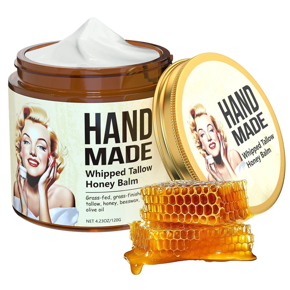 ENVISHA handmade whipped tallow honey face cream in brown jar with honeycomb, moisturizing skin balm, 120g/4.23oz.