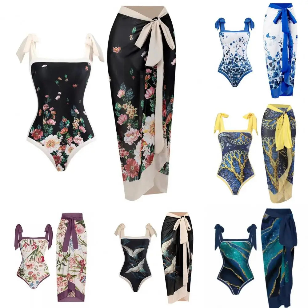 2Pcs/Set Women Monokini Suit Vintage Print One-Piece Square Neck Tie Swimsuit With Skirt Sling Lady Swimsuit With Beach Cover Up