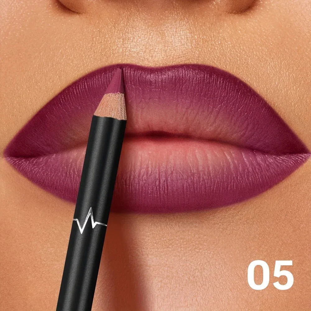 PUDAIER matte waterproof lip liner in shade 05, featuring a smooth, smudge-proof berry plum pigment on lips.