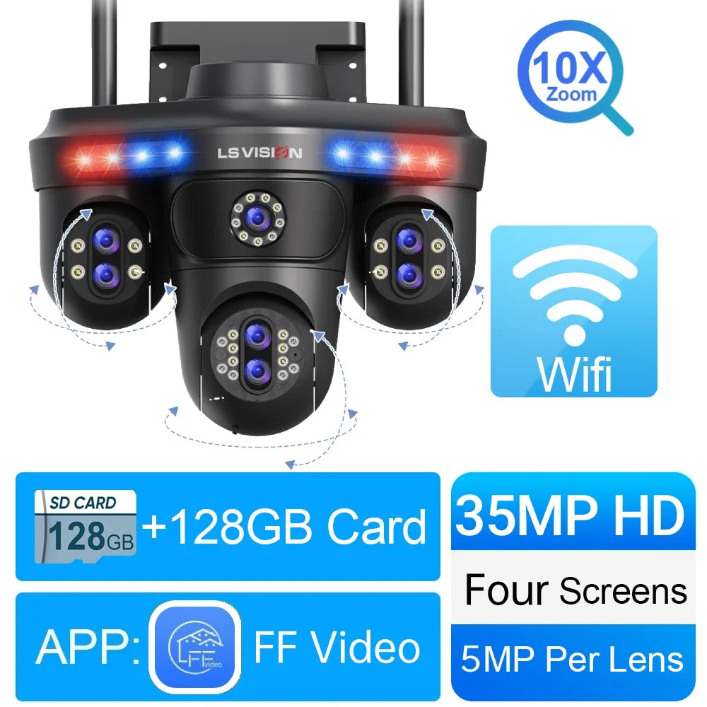 LS VISION 35MP WiFi IP Camera 7 Lens 10X Zoom Outdoor 3PTZ 360° Surveillance Security Camera Smart Home Ai Tracking CCTV Cam
