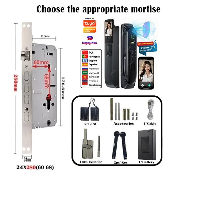 6068,5572,6072,6085 Mortise Lock Tuya Wifi App Camera Smart Digital Lock With Fingerprint Face Key Card Rfid