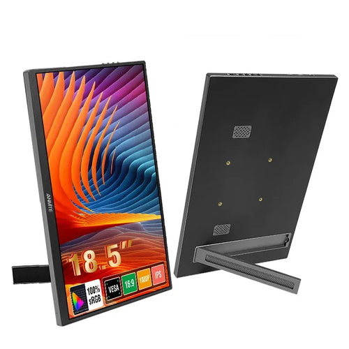 An 18.5-inch black portable monitor shown from front and back, featuring an adjustable stand and VESA mounting holes.