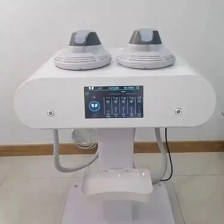White HIEMT EMS NEO RF body sculpting machine with touch screen, two applicators for fat burning and muscle toning.