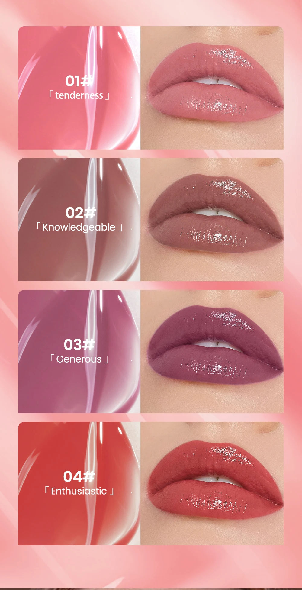QIBEST watery lip glaze set featuring mirror-glossy, moisturizing liquid lipstick tints in four beautiful shades.