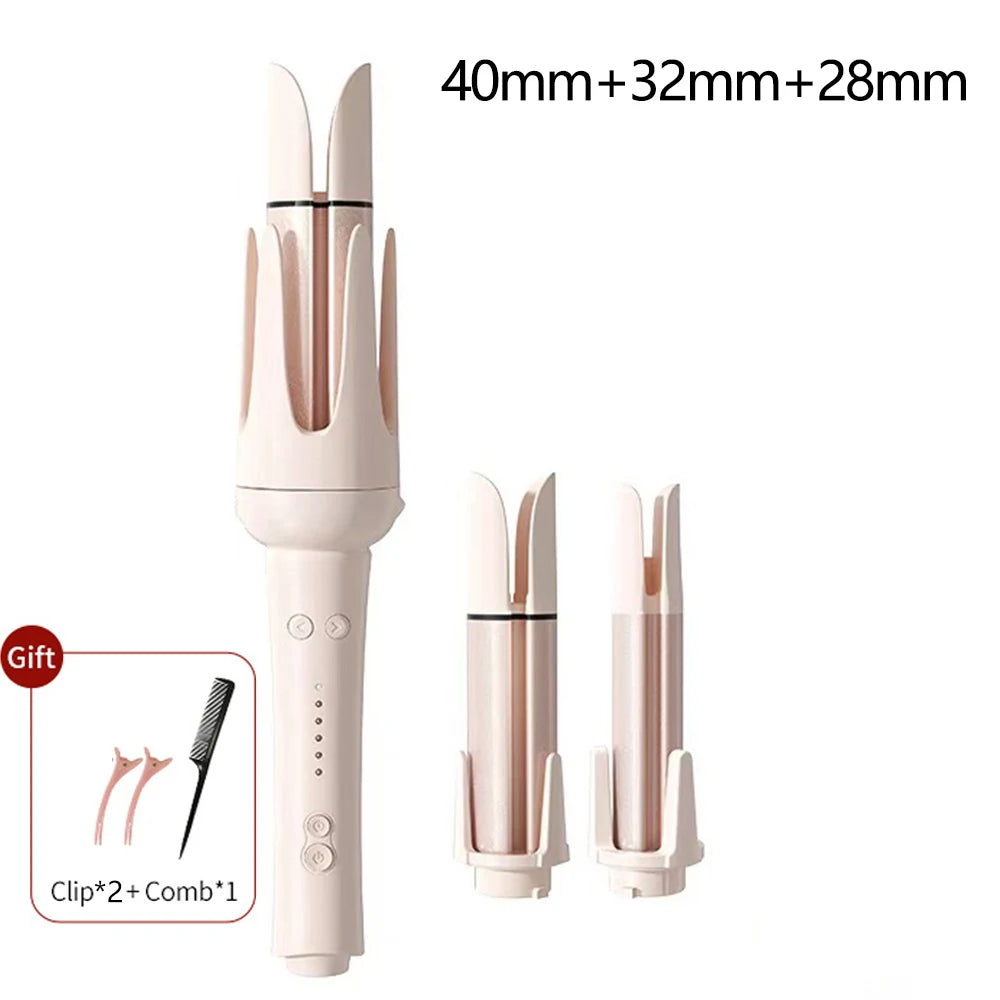 Pink automatic curling iron set with 28mm, 32mm, 40mm barrels, hair clips, comb, and smart temperature control.