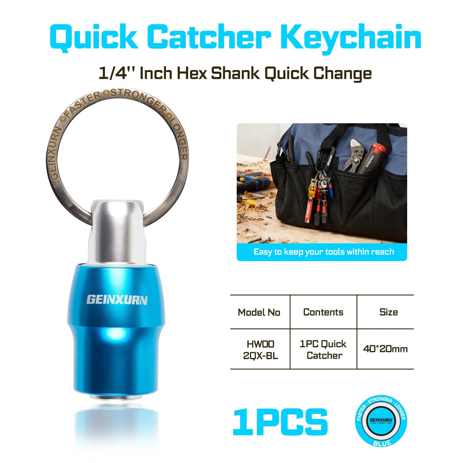 Blue aluminum 1/4 in hex shank keychain bit holder, quick-catcher with key ring