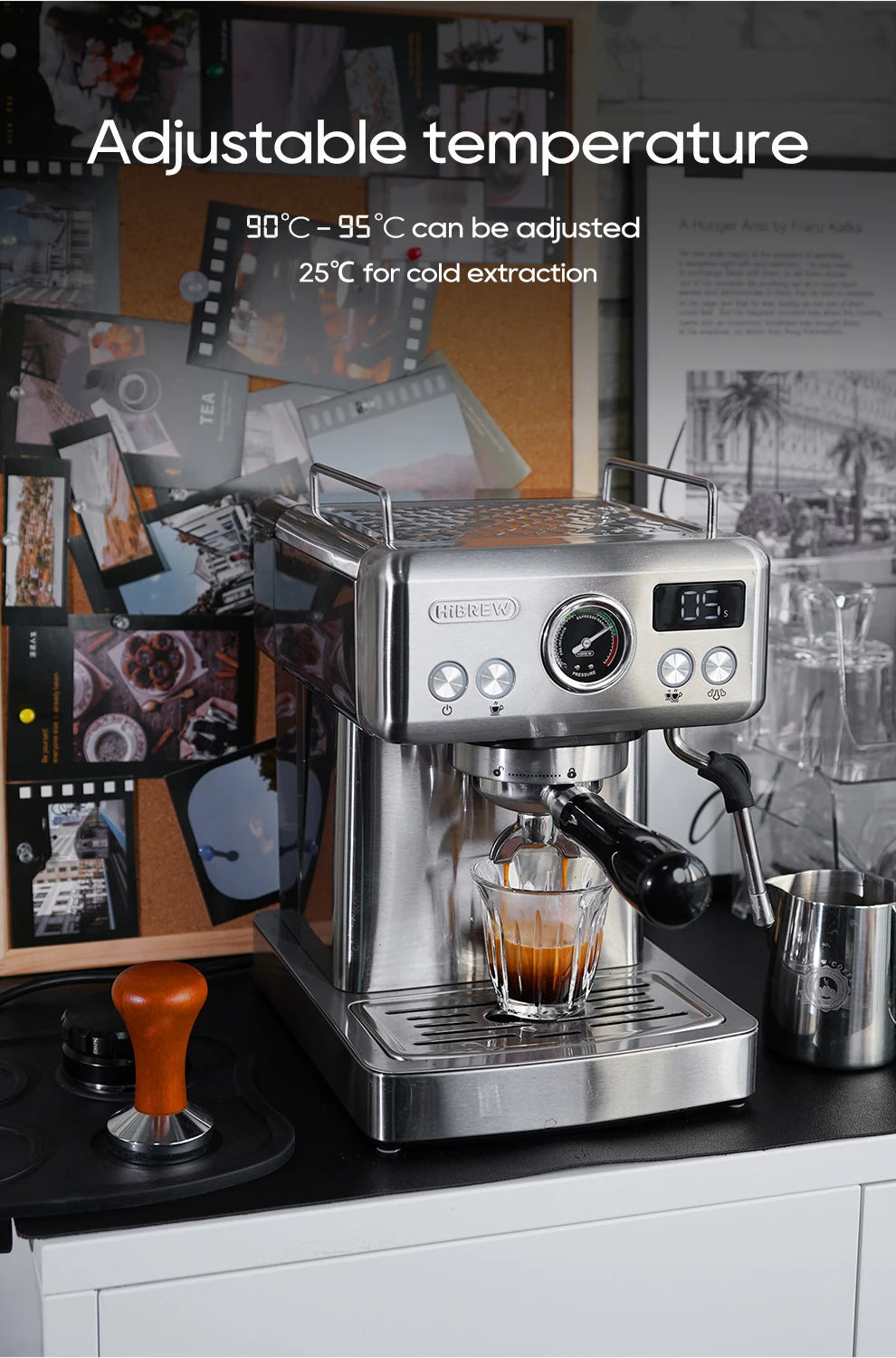 HiBREW stainless steel espresso machine with digital temperature display, pressure gauge, and portafilter brewing.