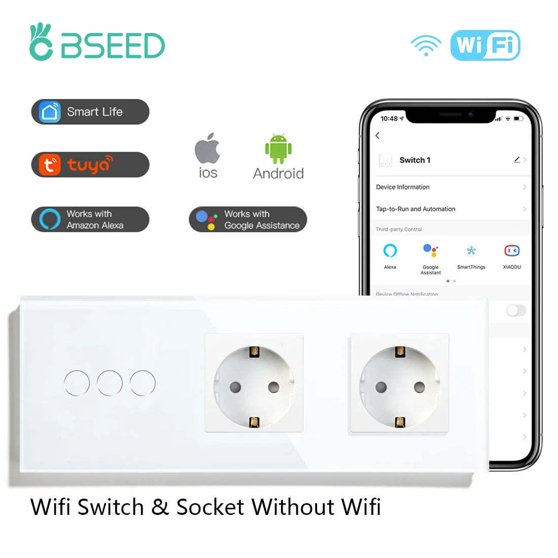 WiFi Smart Wall Switch with USB-C Port - Glass Panel Tidesmit 3G Double Socekt EU standard Tidesmit