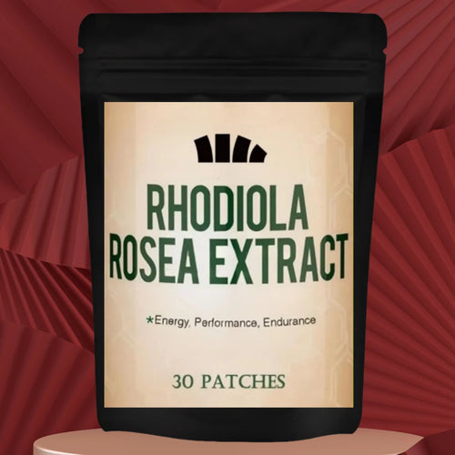 Rhodiola Rosea extract supplement, 30-patch black pack for adaptogen stress relief, energy, and performance.