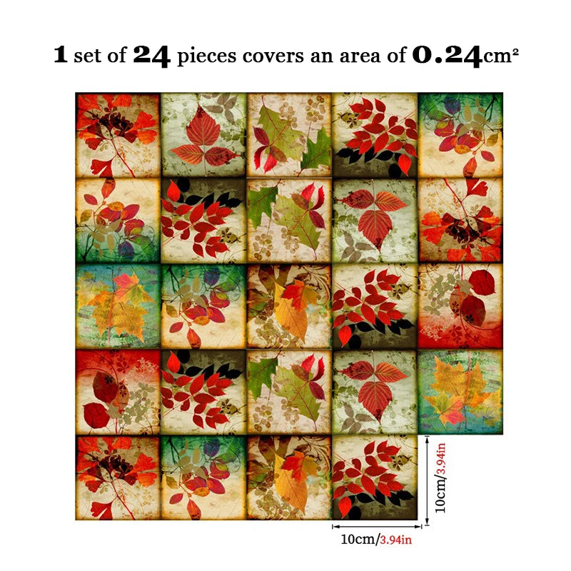 Set of 24 square leaf-pattern tile stickers in red, teal, green, and cream