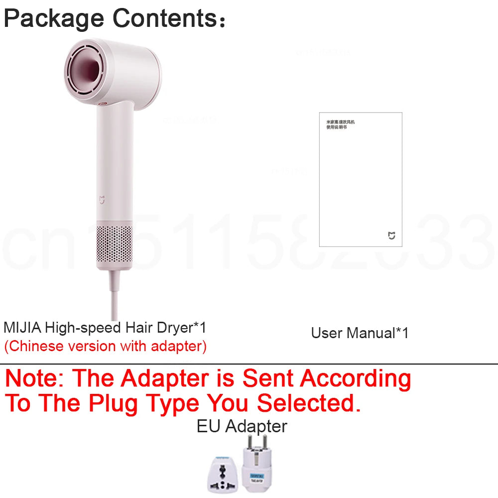 Pink MIJIA high-speed hair dryer set with user manual and plug adapter for fast, professional hair drying.
