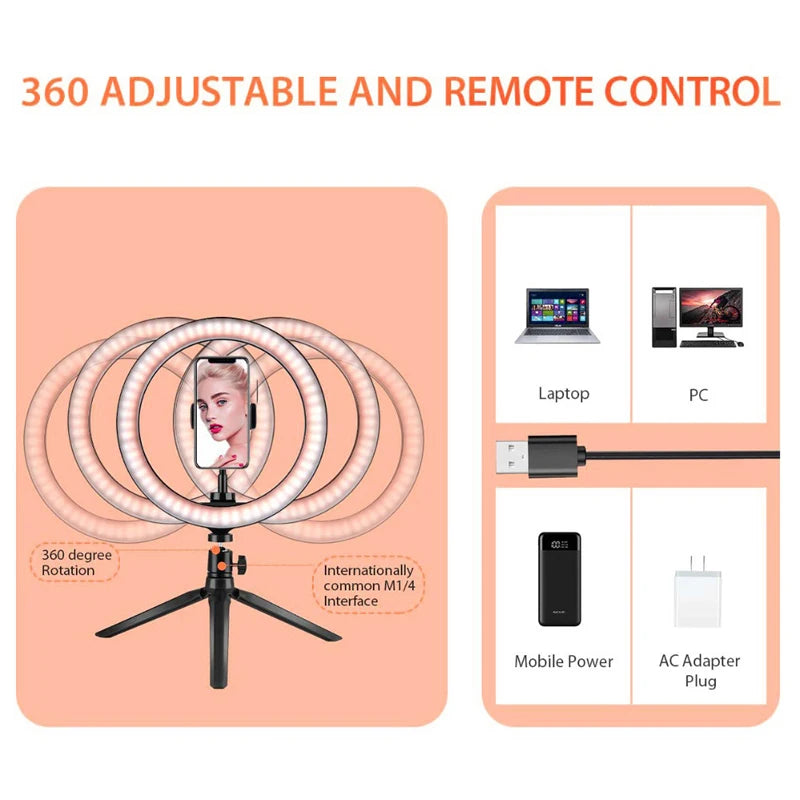 Circular LED ring light with a smartphone mount on a black tripod stand, powered by USB for laptop or wall use.