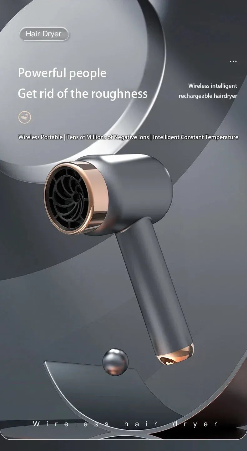 Wireless grey portable hair dryer with rose gold accents, negative ion technology, and quick-dry travel design.