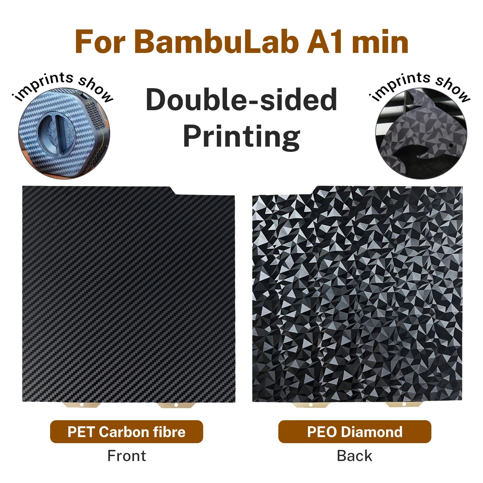 Double-sided 184x184mm build plate for Bambu Lab A1 Mini featuring PET carbon fiber and PEO diamond textures for 3D prints.