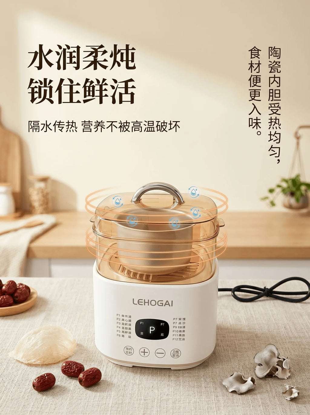 Electric steamer cooker with transparent lid and cream base on kitchen table