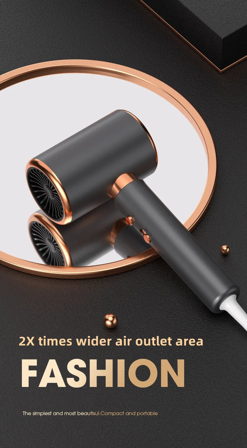 Modern grey and rose gold 2400W high-speed negative ion hair dryer with wide air outlet for salon-quality drying.