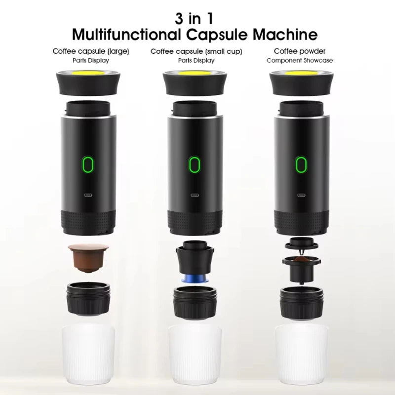 Black 3-in-1 portable coffee maker for capsules and powder with white cups and modular parts display.