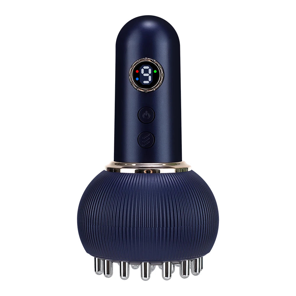 Dark blue 9-gear electric meridian brush body massager with LED display for slimming, gua sha, and hot compress.