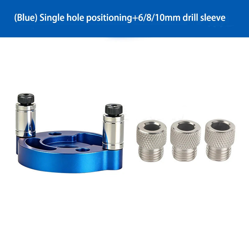 Blue single-hole drill guide jig with metal drill sleeves for vertical dowel hole positioning