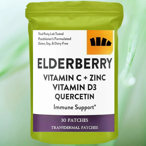 Green bag of 30 elderberry immune support transdermal patches with Vitamin C, Zinc, Vitamin D3, and Quercetin.
