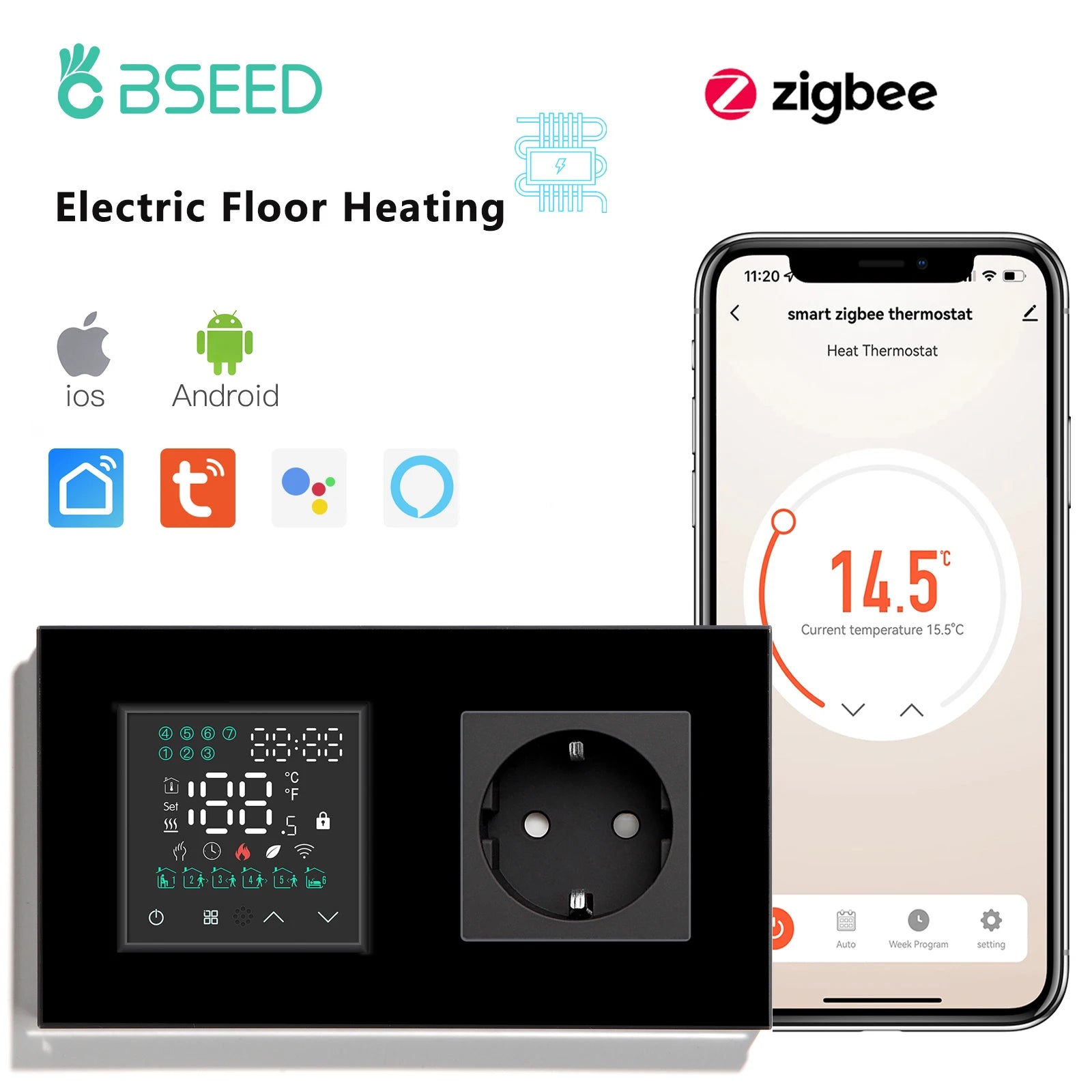 Zigbee electric floor heating thermostat switch with touchscreen and round socket, black