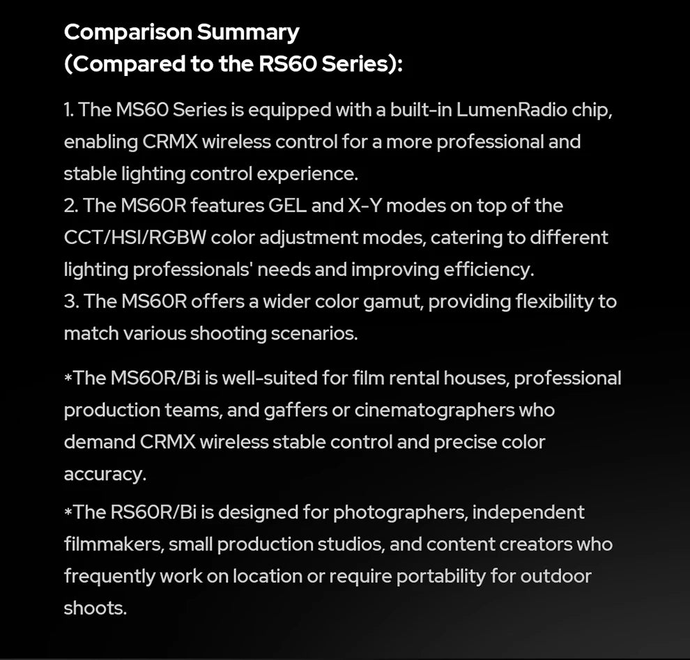 Text comparison list between MS60 and RS60 series LED lights for professional cinematography and photography.