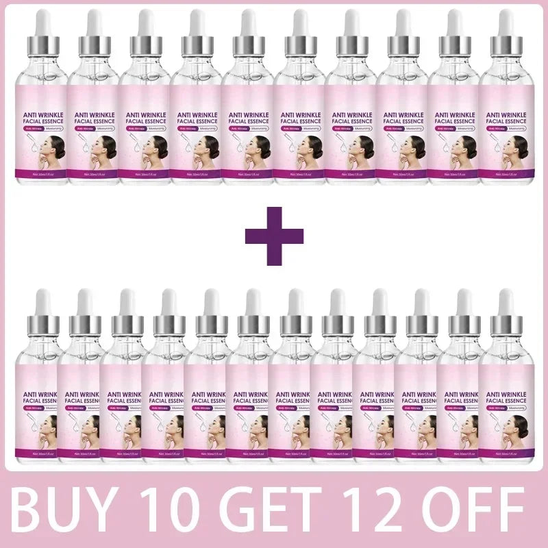 Twenty-two glass dropper bottles of anti-wrinkle facial essence with pink labels, organized in two rows of eleven.