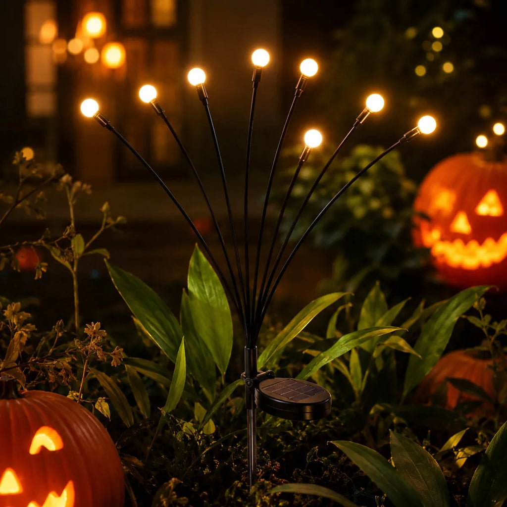 2 Pack Halloween Solar Firefly Lights 16 LED Spooky Garden Decoration Lights, Warm White Solar Powered Outdoor Pathway Lights with 2 Lighting Modes for Yard Lawn Patio Walkway Tree Fence Party Holiday Decor