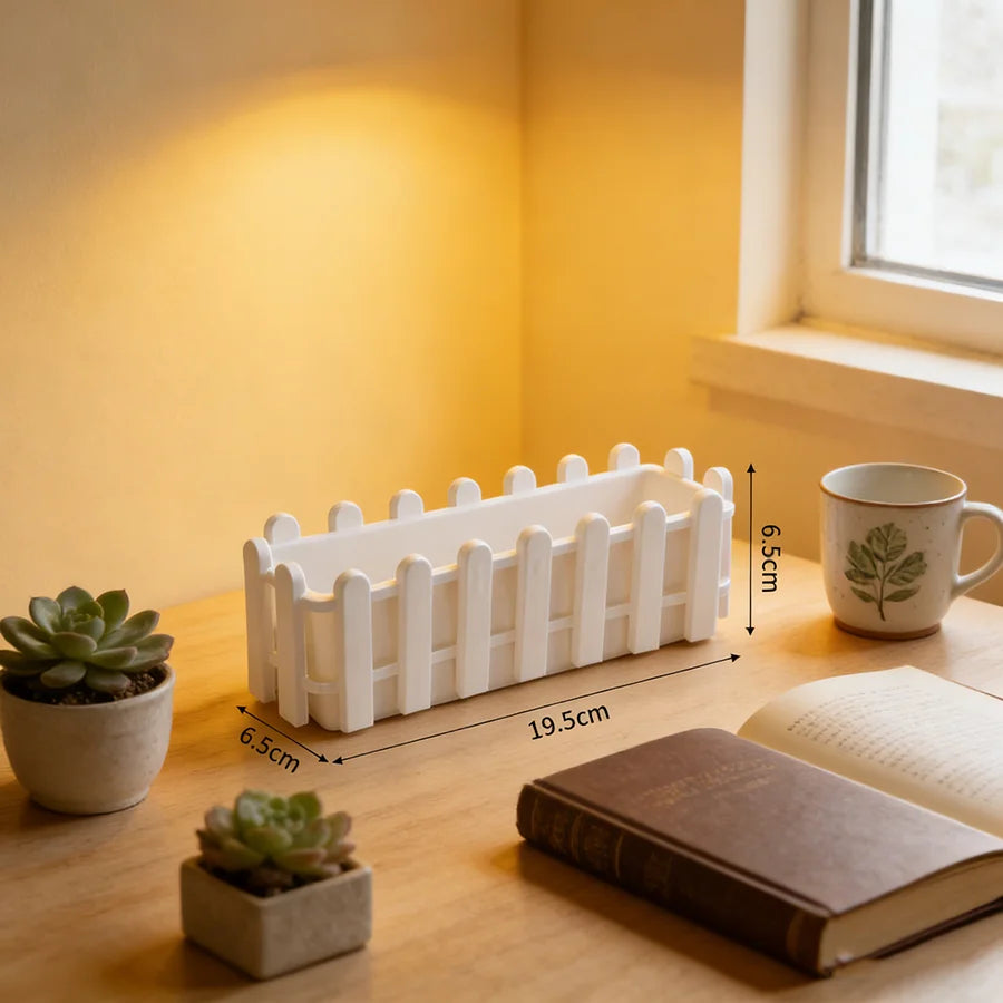 White rectangular fence-design planter pot with measurements shown