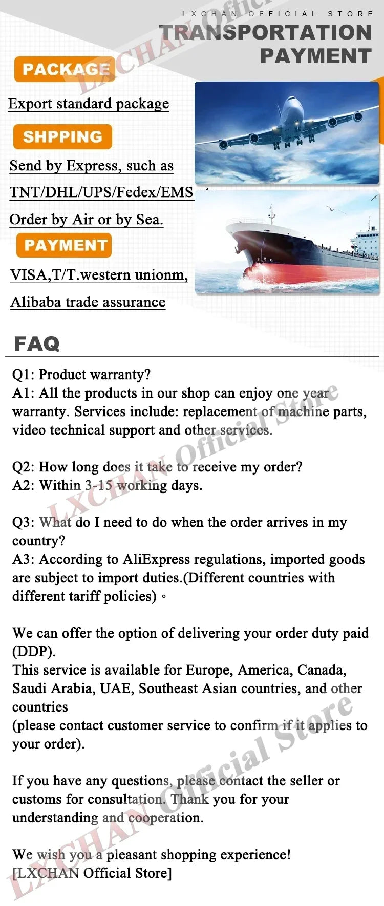 LXCHAN Official Store shipping, payment, and FAQ policy information guide for coffee and tea maker equipment orders.