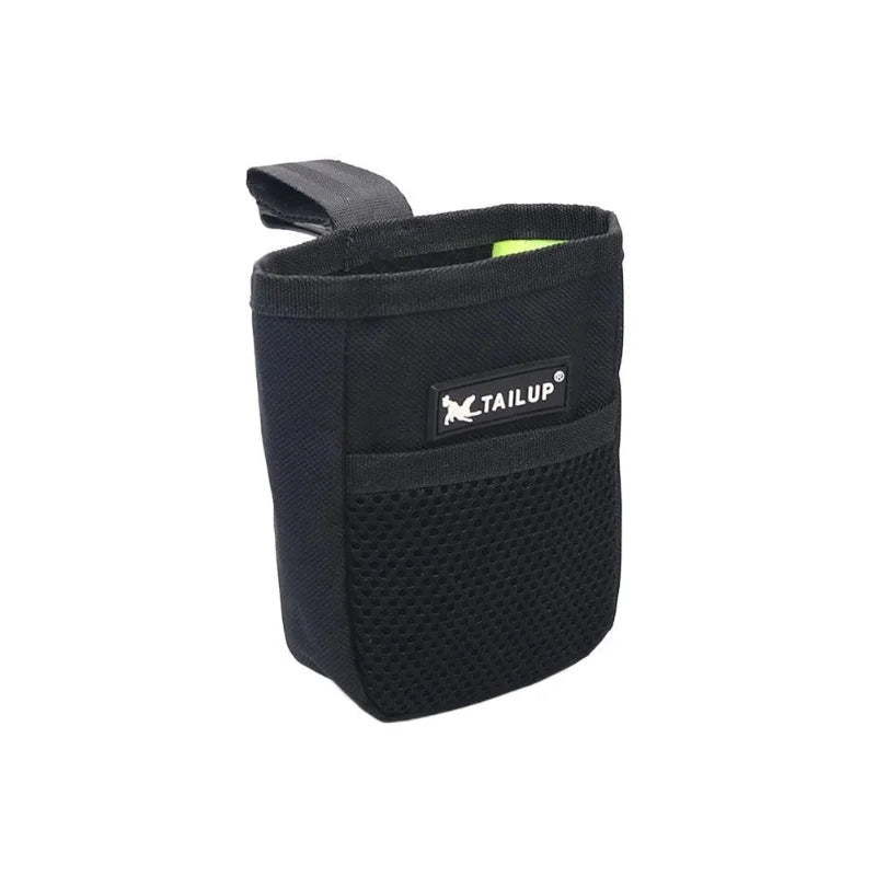 Black nylon dog training treat pouch with mesh pocket for puppy obedience and agility reward snacks.