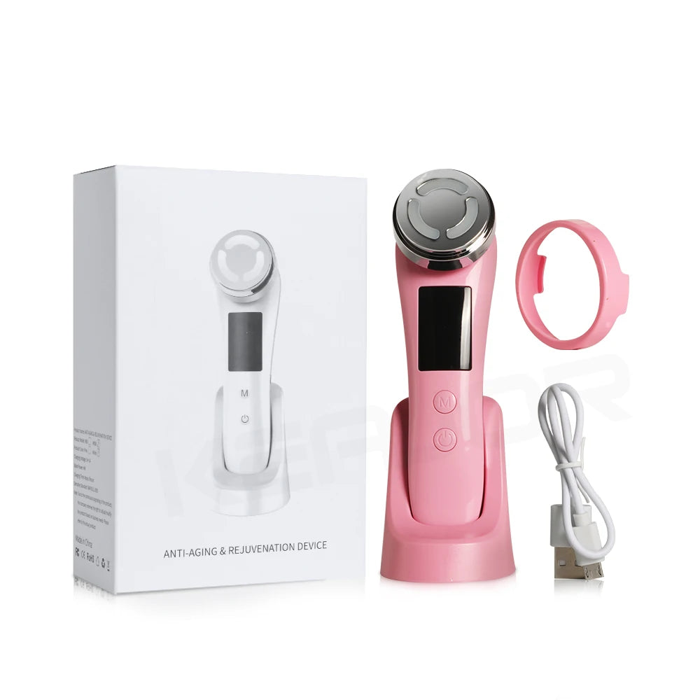 Pink RF facial massager with metal head, charging base, USB cable, and ring accessory, shown next to its product box.