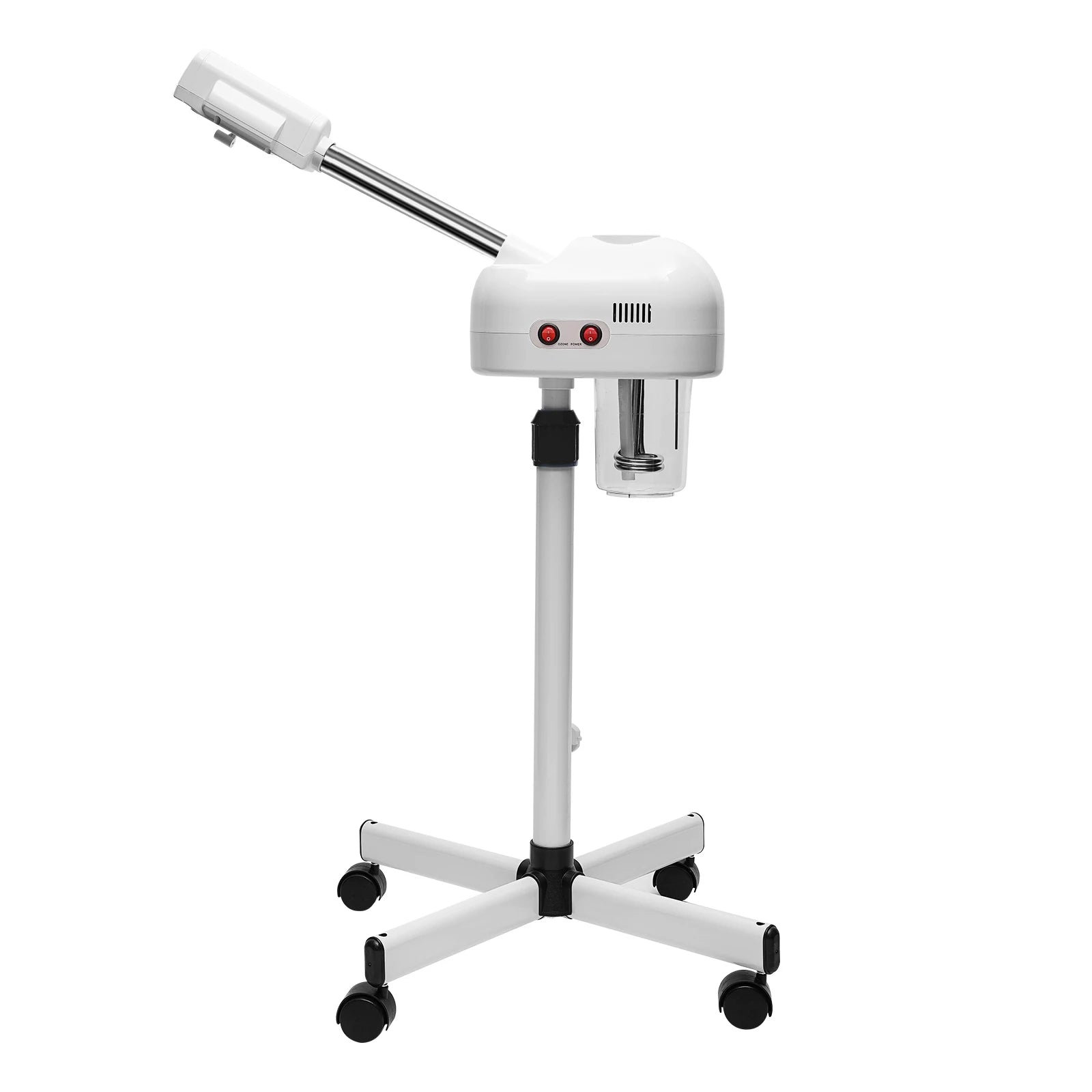 White 800W professional facial steamer with 750ml tank, adjustable stand, and wheels for salon or home spa use.