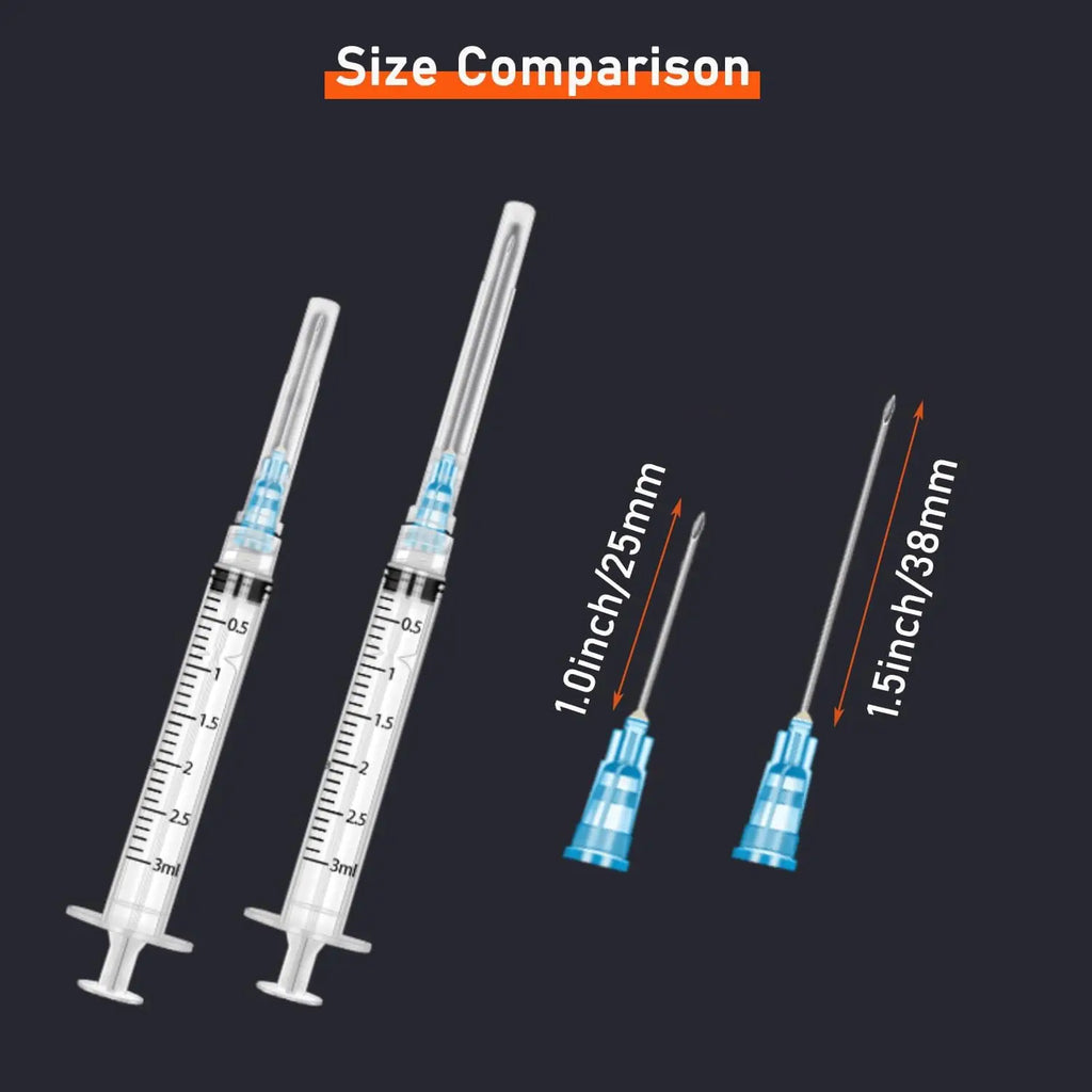 3ml Luer Lock syringes with 23Ga needles for pet and farm animal medical use, individually sealed for safe dosing.