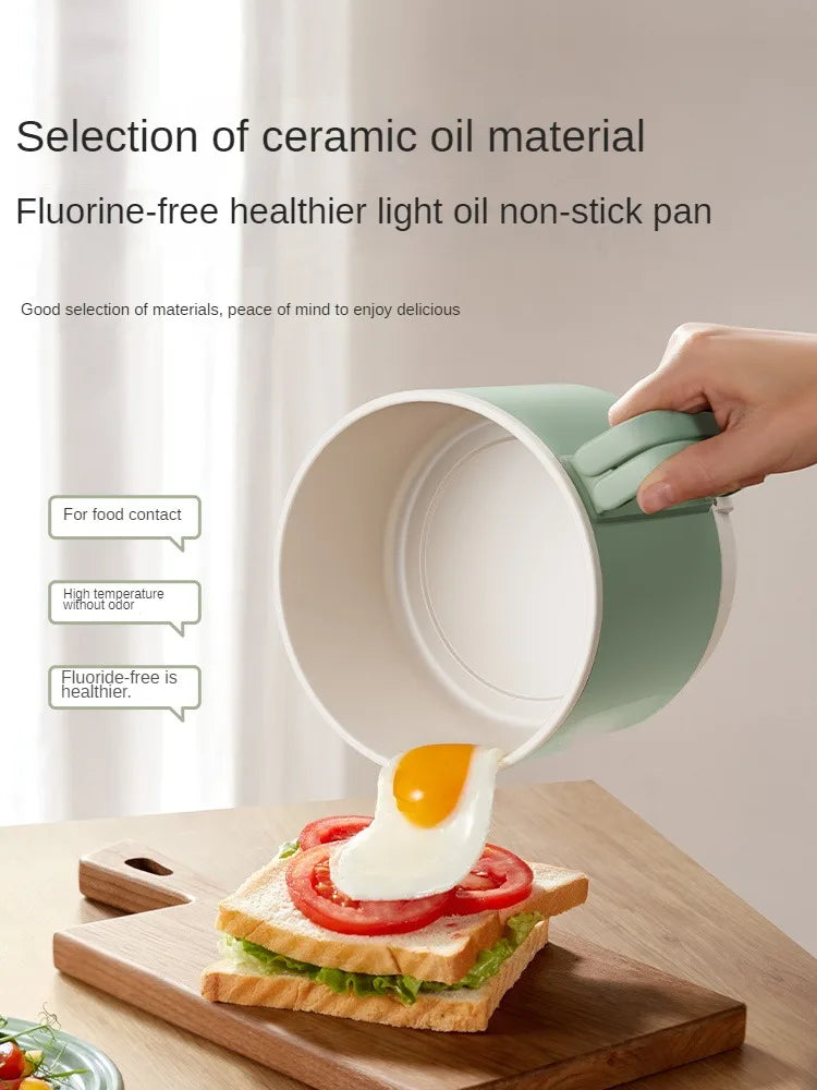 Electric hot pot cooker with mint-green ceramic nonstick inner pot and pouring spoon