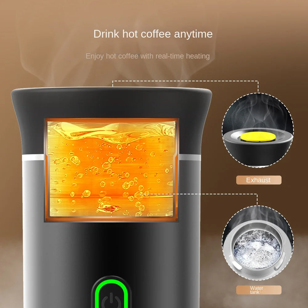 Black portable coffee heater with real-time heating, integrated water tank, and exhaust valve for hot drinks.