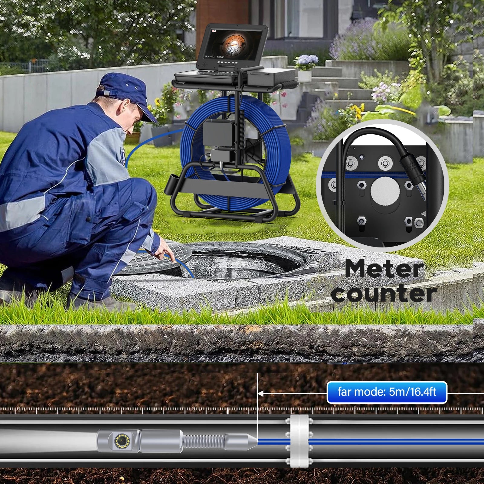 Sewer Camera Inspection 360 Degrees 10″inch IPS+Cable Diameter ø7mm+512HZ Transmitter Locator+Meter Counter+Keyboard