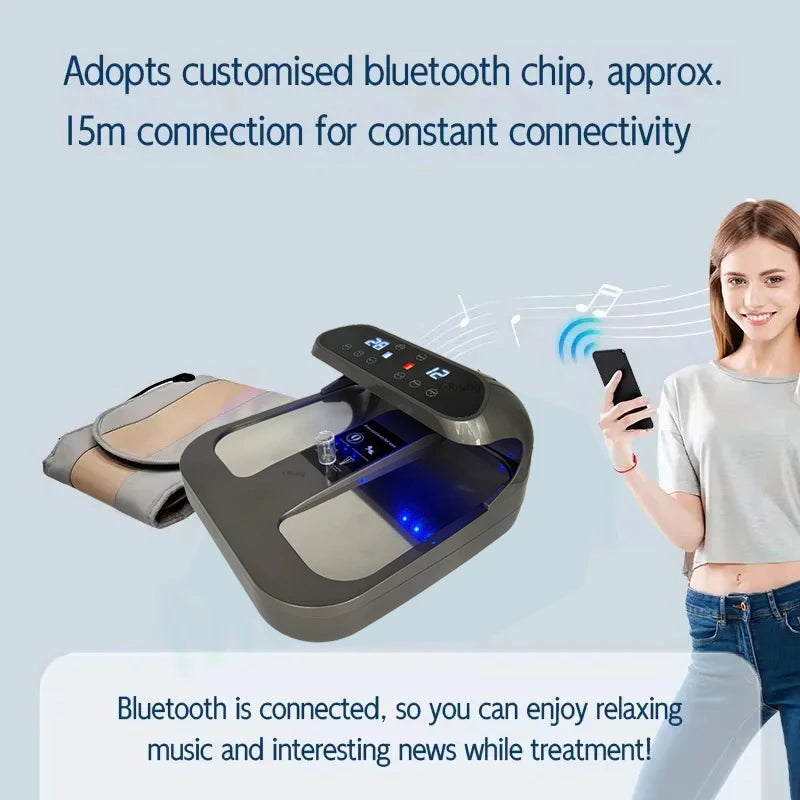 Tera-P90 Terahertz PEMF foot massager with Bluetooth connectivity for home health therapy and relaxing music streaming.